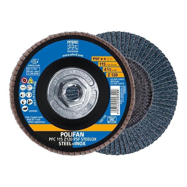 Pferd 4-1/2" x 5/8-11 Thd. POLIFAN Flap Disc - Z PSF STEELOX, Zirconia, 120 Grit, Conical 62074 - main